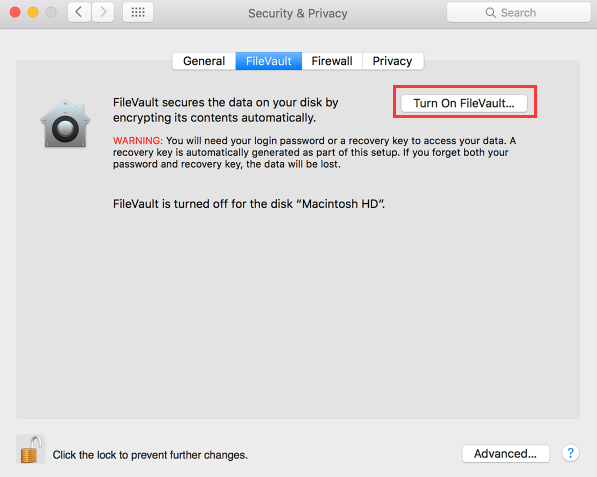 turn on filevault