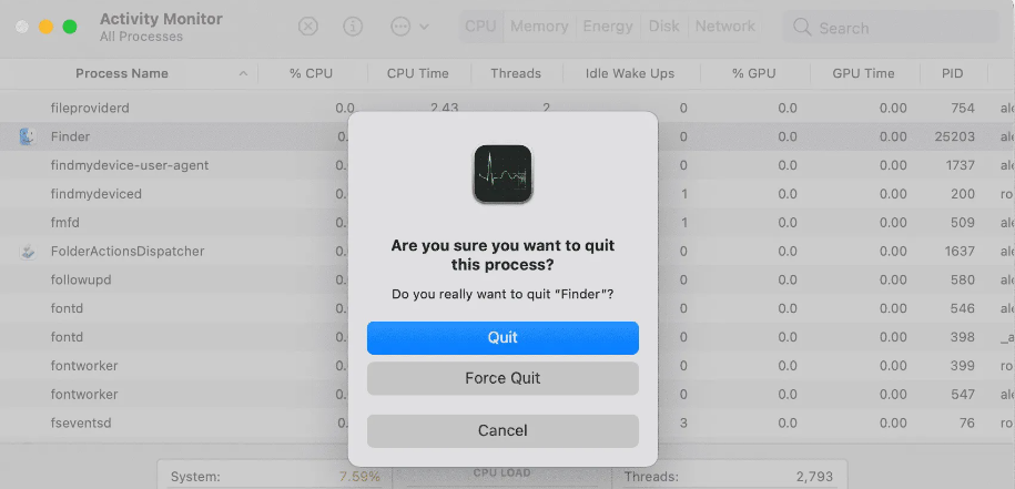 Force quit Finder with Activity Monitor